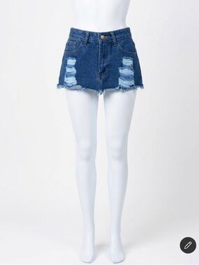 Y2K Micro Mini Denim Skirt Dark Wash Distressed Raw Hem Festival Grunge Style 26